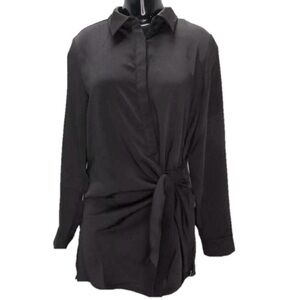 NEW LUUM Shirt Top Black Nitza Satin Wrap Long Sleeve Half Button Up Size XL